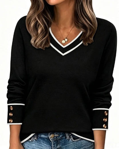 Colorblock V-Neck Trim Button Pullover