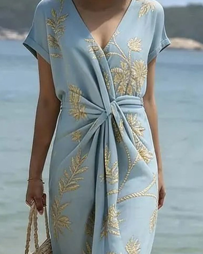 V-Neck Twist Waist Tie Dress