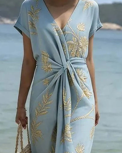 V-Neck Twist Waist Tie Dress