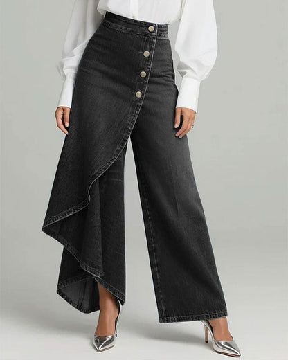 Asymmetrical Wrap Denim Wide-Leg Pants