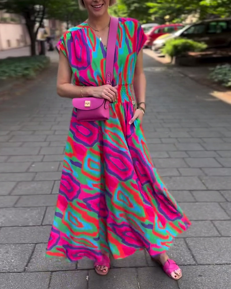 Colorful printed V-neck raglan sleeves long dress casual dresses spring summer