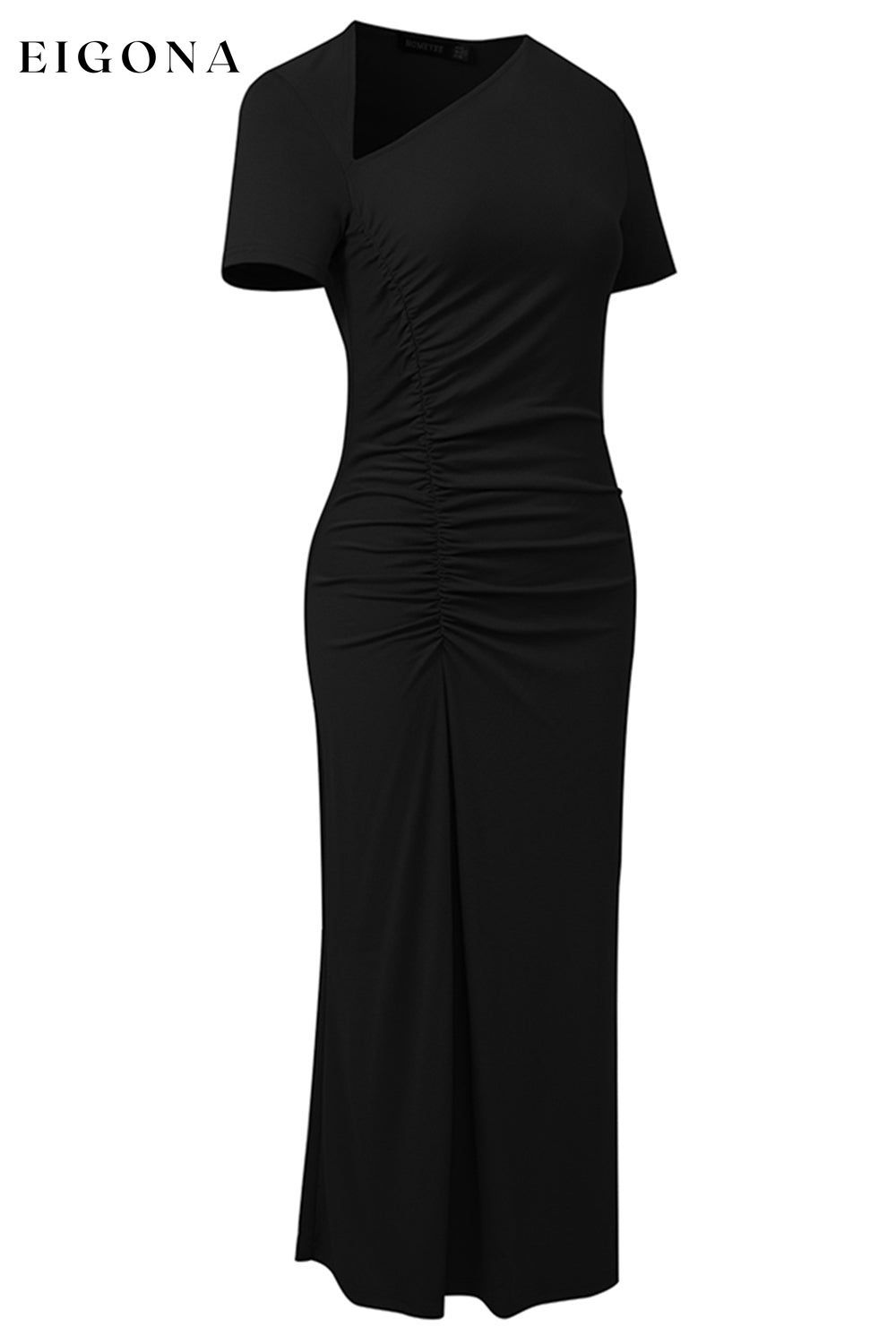 Asymmetrical Neck Short Sleeve Black Midi Dress A&Y.S casual dresses clothes dress dresses evening dress evening dresses midi dress Ship From Overseas Shipping Delay 09/29/2023 - 10/01/2023 trend