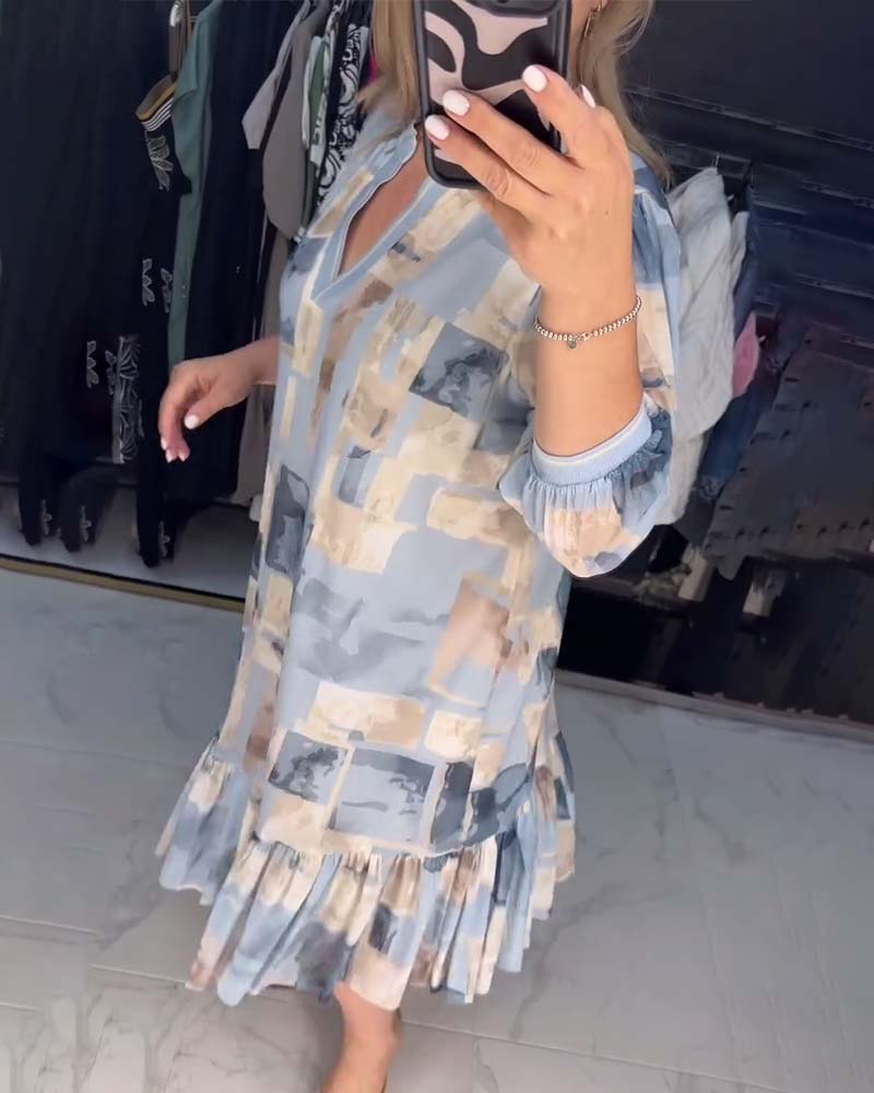 Casual printed lantern sleeve ruffle dress 2024 f/w casual dresses spring