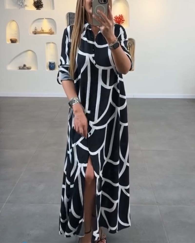 Contrast printed lapel long slit dress casual dresses spring summer