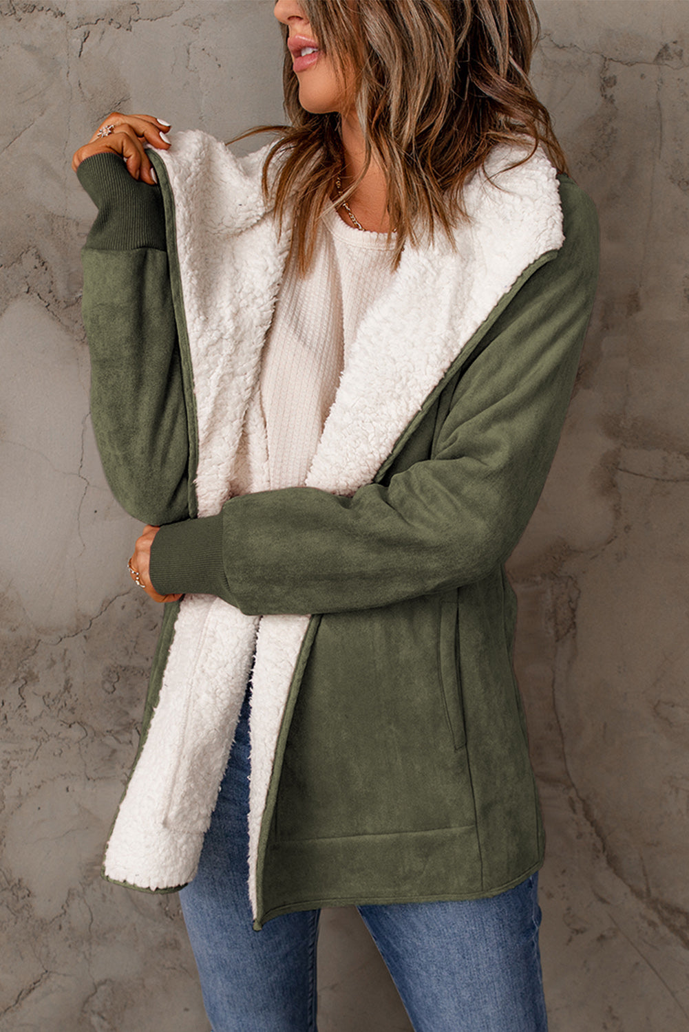 Green Faux Suede Fleece Lined Open Front Jacket clothes Color Green DL Chic DL Exclusive Fabric Fleece Jackets & Coats Occasion Daily Print Solid Color Season Winter Style Casual