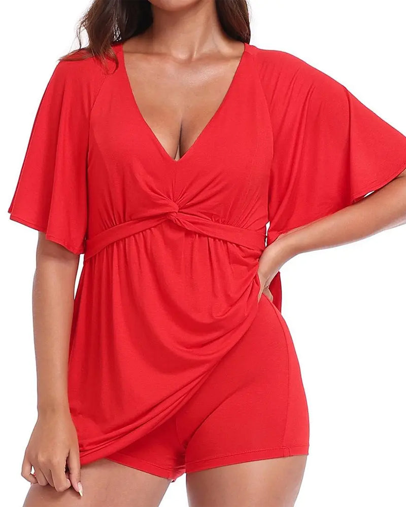 V-Neck Waist-Cinching Romper Dress casual dresses spring summer