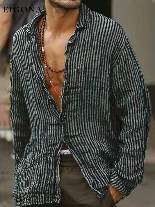 Men's Polyester Long Sleeve Striped Loose Shirt men s linens