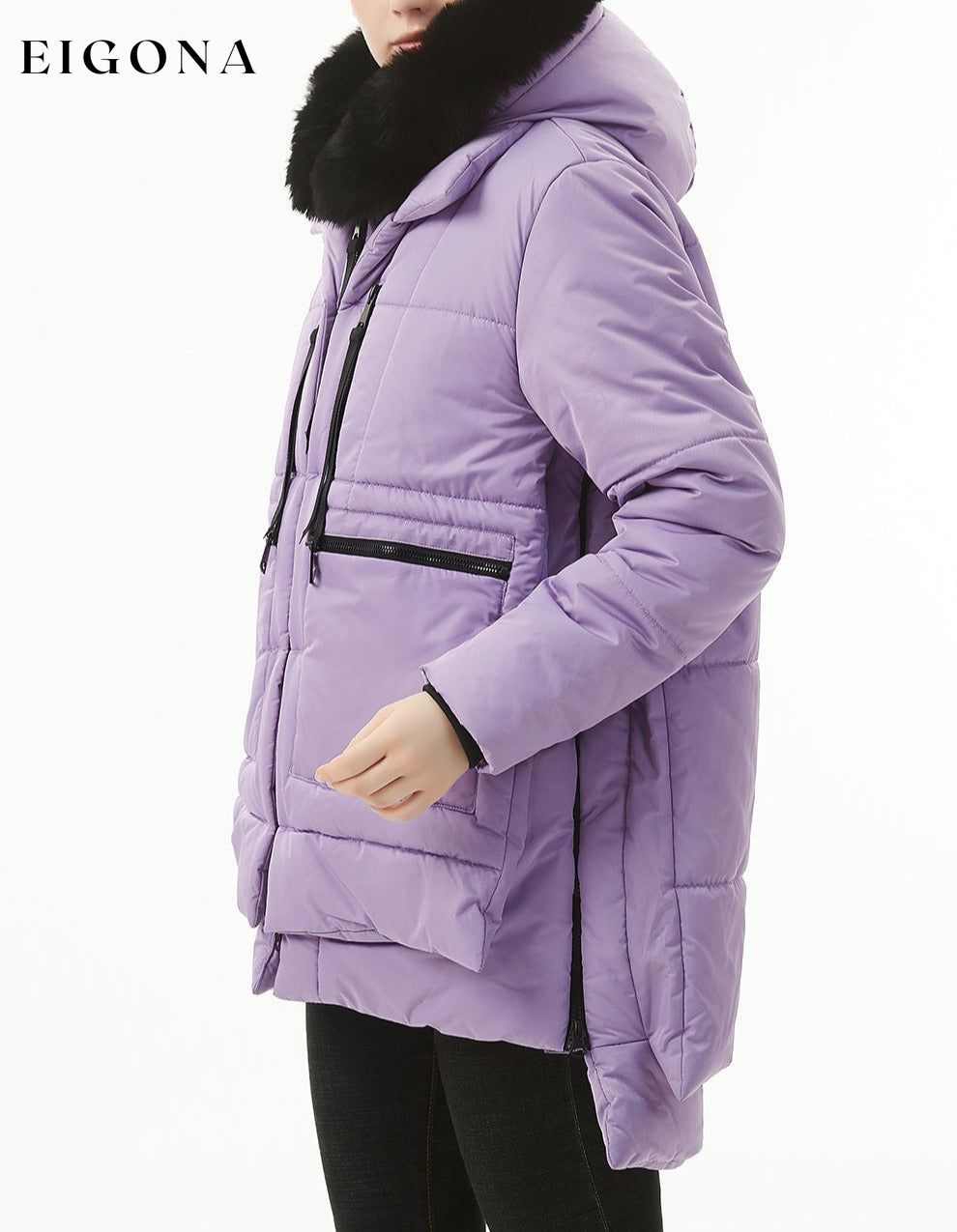 Wisteria Plush Linen Zip Up Hooded Puffer Coat clothes Color Purple Fabric Fleece Jackets & Coats Print Solid Color Season Winter Style Casual