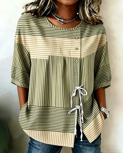Color Block Tie Button Stripe Blouse