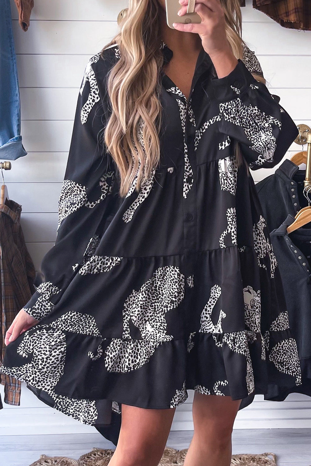 Black Leopard Print Button-up Long Sleeve Casual Dress Black 100%Polyester casual dresses clothes dress dresses EDM Monthly Recomend long sleeve dress long sleeve dresses short dresses