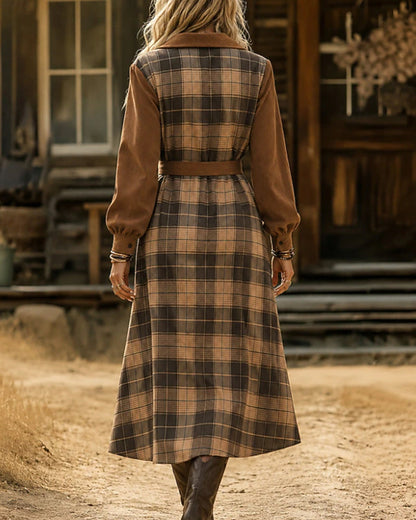 Patchwork Plaid Belted Shirt Dress