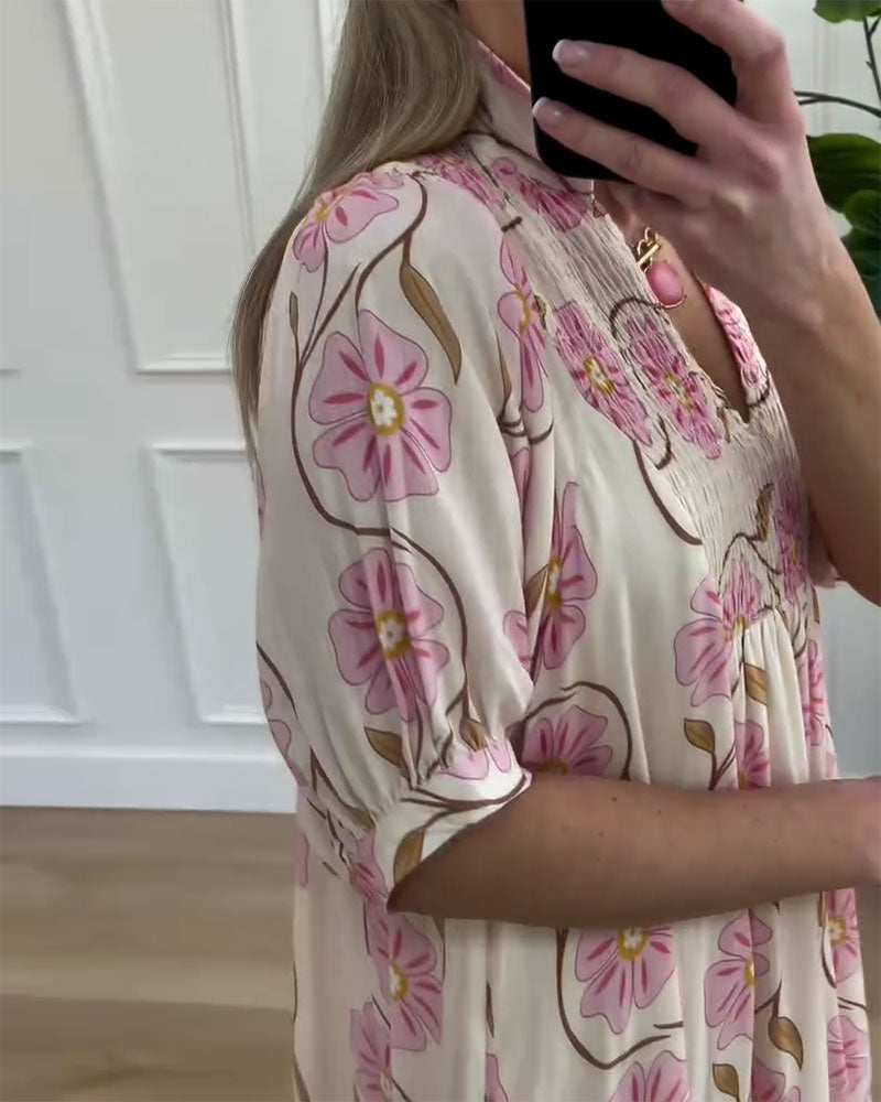 V-Neck Puff Sleeve Loose A-Line Dress