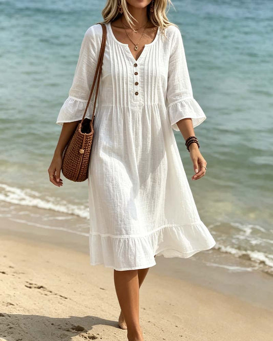 Solid Color V-Neck Pleated Ruffled Dress casual dresses spring summer