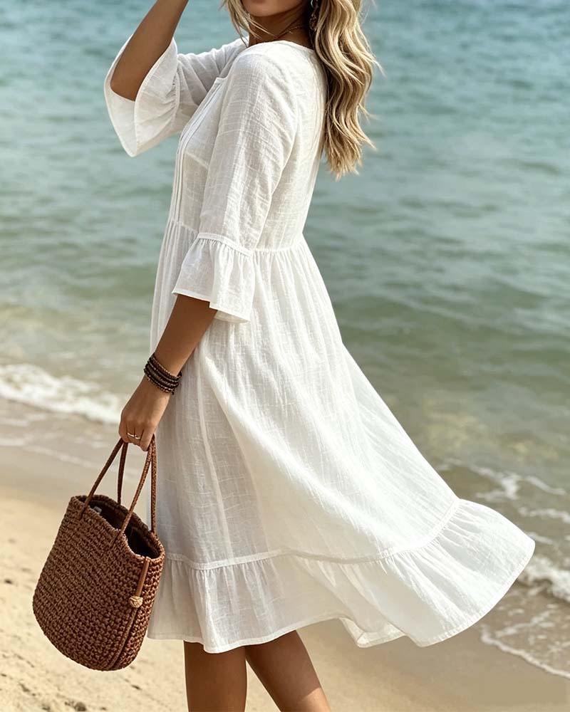 Solid Color V-Neck Pleated Ruffled Dress casual dresses spring summer
