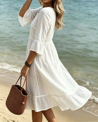 Solid Color V-Neck Pleated Ruffled Dress