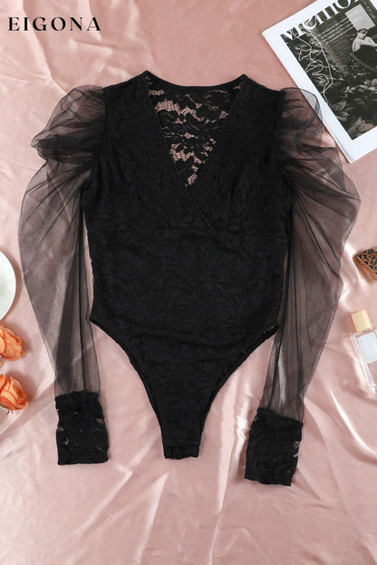 Black V Neck Lace Sheer Puff Sleeve Bodysuit blouse clothes DL Chic DL Exclusive puff sleeve shirt Season Spring top v neck shirt