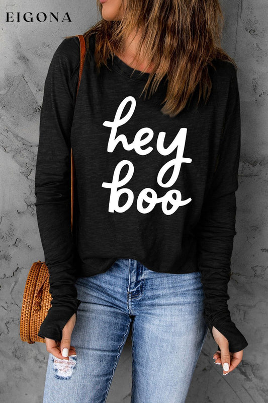 HEY BOO Graphic Round Neck T-Shirt Black clothes long sleeve Ship From Overseas shirt shirts SYNZ top trend