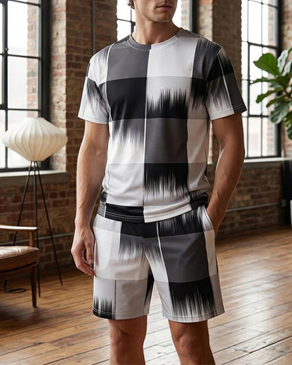 Black and White Gradient Plaid Short Sleeve Set