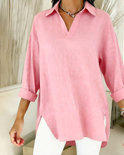 Slit-Hem Solid-Color V-Neck Shirt