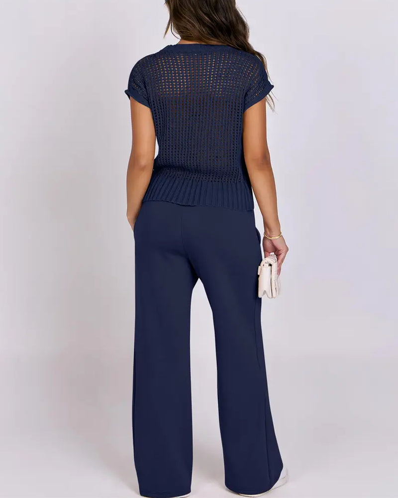 Open-Knit Short-Sleeve Top & Wide-Leg Pants Set