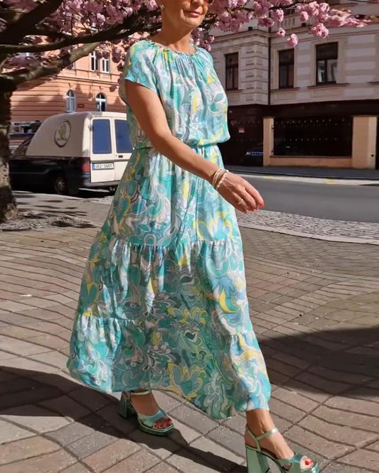 Short-sleeved round neck printed waist casual long dress casual dresses spring summer