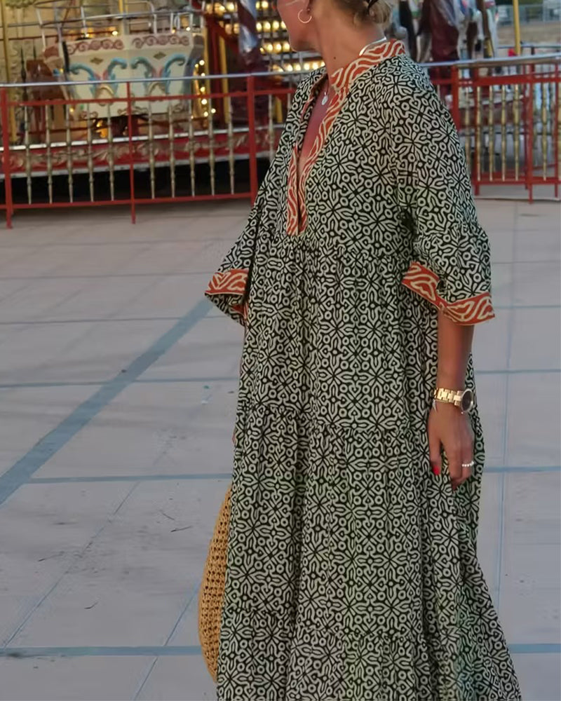V-Neck Three-Quarter Sleeve Print Vacation Dress