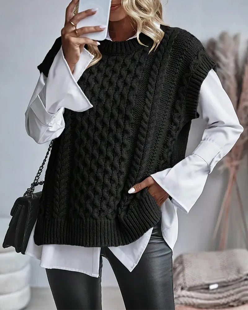 Casual solid color round neck cable-knit pullover 2024 f/w pullovers