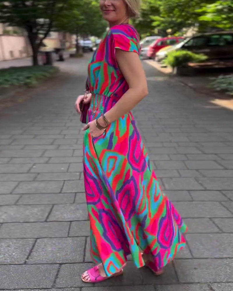 Colorful printed V-neck raglan sleeves long dress casual dresses spring summer