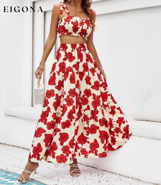 Floral Tie Shoulder Top and Tiered Maxi Skirt Set Deep Red clothes crop top croptop Hanny sets Ship From Overseas Shipping Delay 09/29/2023 - 10/04/2023 skirts trend