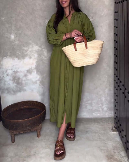 Solid color V-neck pleated loose dress casual dresses spring summer