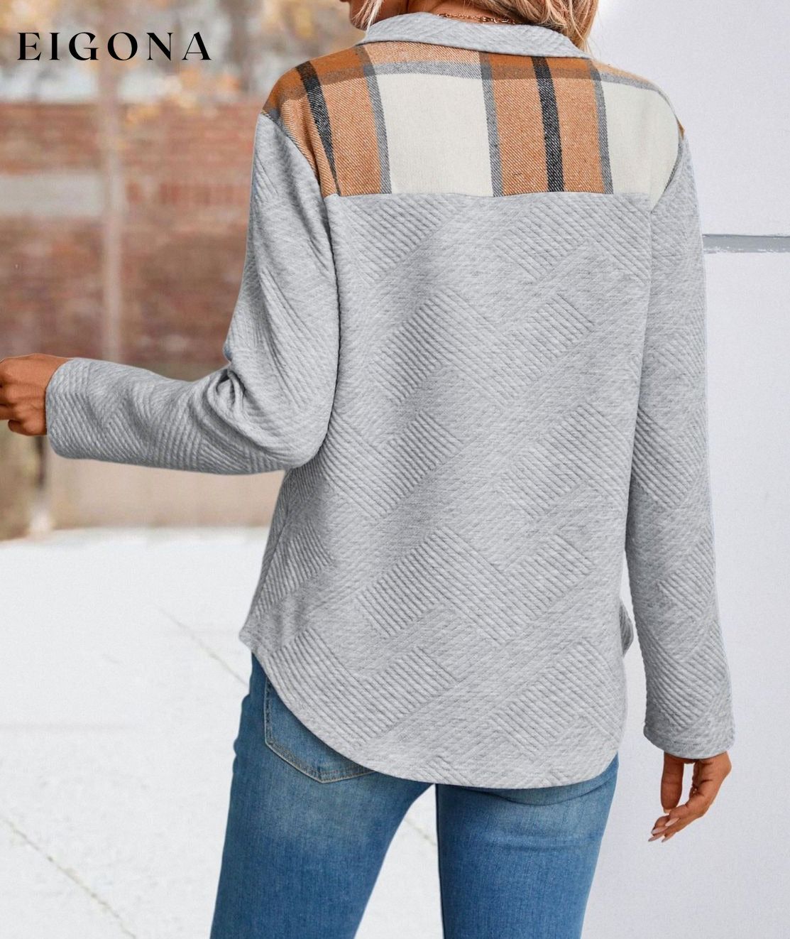 Double Take Spliced Plaid Quarter-Snap Mock Neck Top clothes Double Take long sleeve Ship From Overseas Sweater sweaters trend