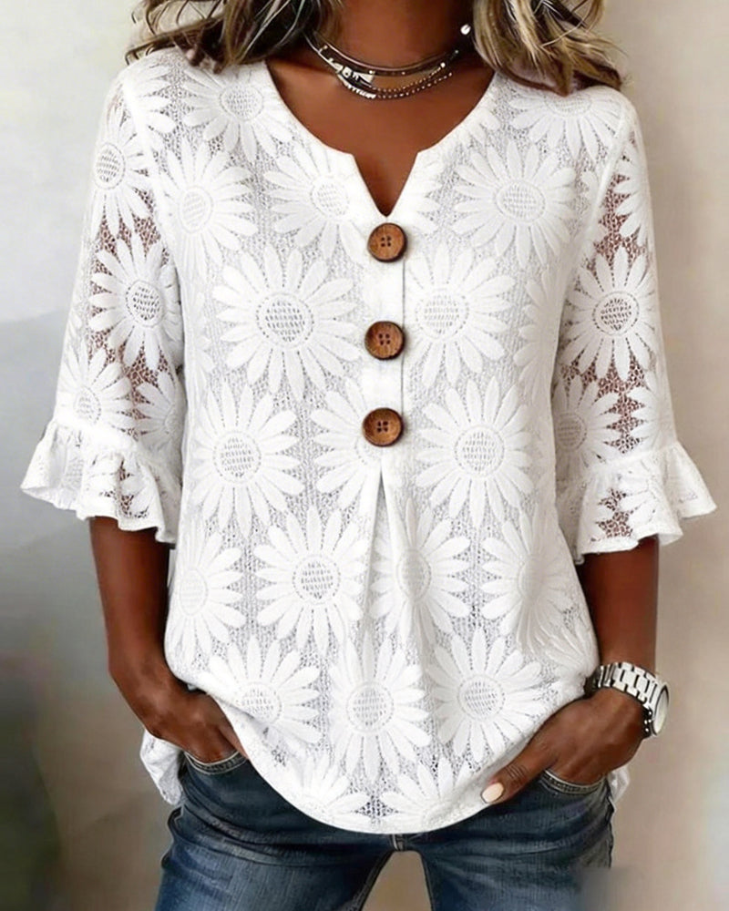 Ruffled Daisy-Print Blouse With Ruffle Sleeves