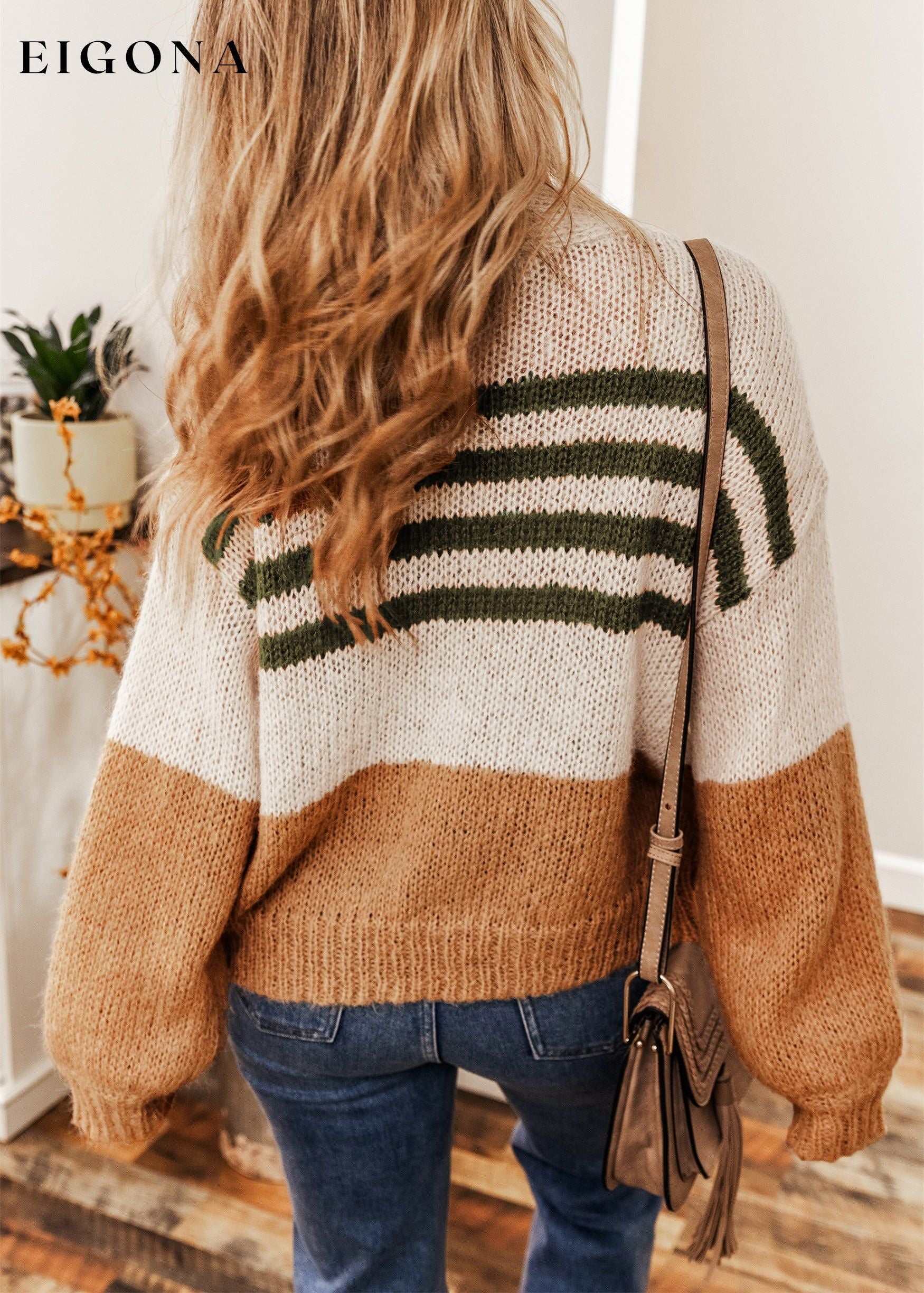 Camel Colorblock Striped Open Cardigan cardigan cardigans clothes DL Chic DL Exclusive EDM Monthly Recomend Print Color Block Season Winter Sweater sweaters Sweatshirt