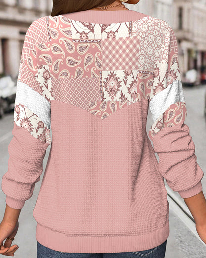 Sweatshirt mit V-Ausschnitt und Waffel-Blumenmuster