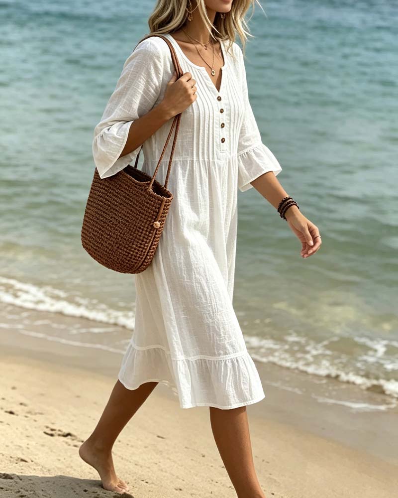 Solid Color V-Neck Pleated Ruffled Dress casual dresses spring summer
