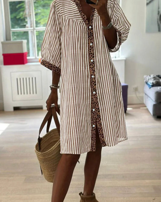Striped Leopard Patchwork Shirt Dress