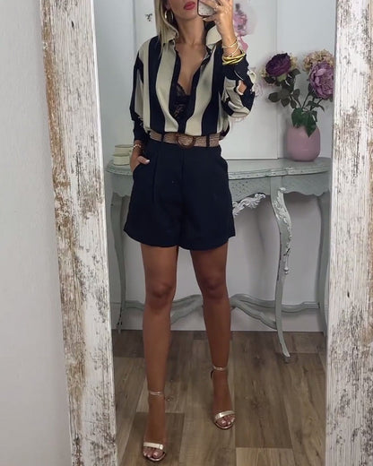 Lapel Long-Sleeved Striped Shirt