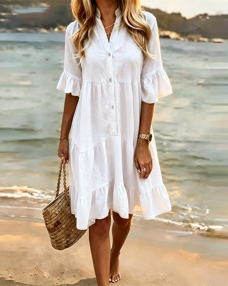 Stand Collar Button Ruffle Dress