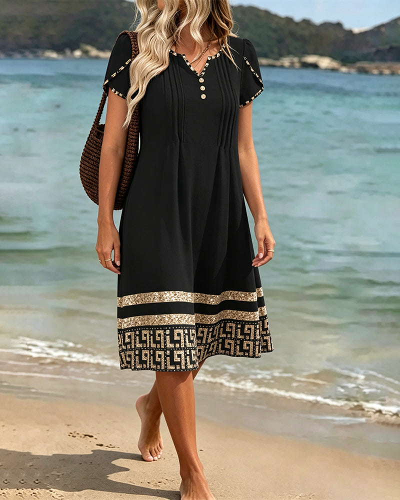 Black With Gold Geometric Print Dress