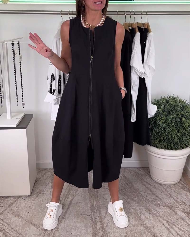 Round neck zippered solid color pocket dress casual dresses summer