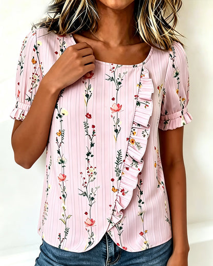 Ruffle Floral Print Puff Sleeve Blouse