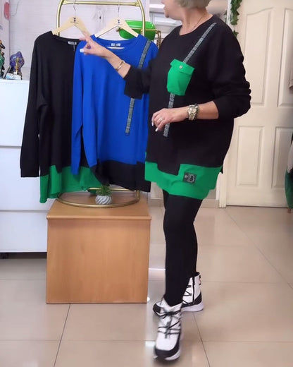 Lässiges Sweatshirt mit Rundhalsausschnitt und Tasche in Kontrastfarbe