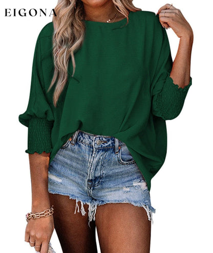 Green Smocked Wrist Shift Top All In Stock Best Sellers clothes Color Green Craft Smocked Early Fall Collection long sleeve shirt long sleeve shirts long sleeve tops Occasion Daily Print Solid Color Season Spring shirt shirts Style Southern Belle top tops