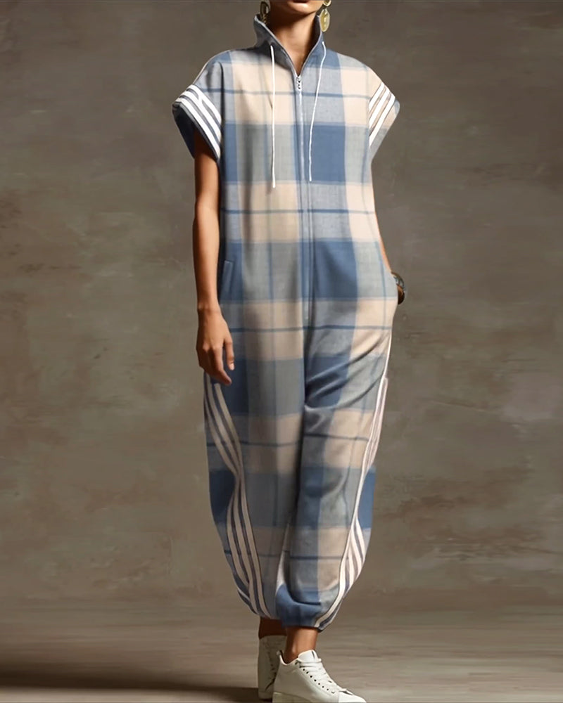 Plaid Stand Collar Zipper Loose Jumpsuit