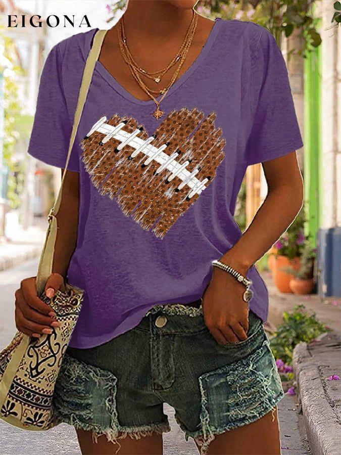 Women's Football Heart Print Casual V-Neck Tee ball print