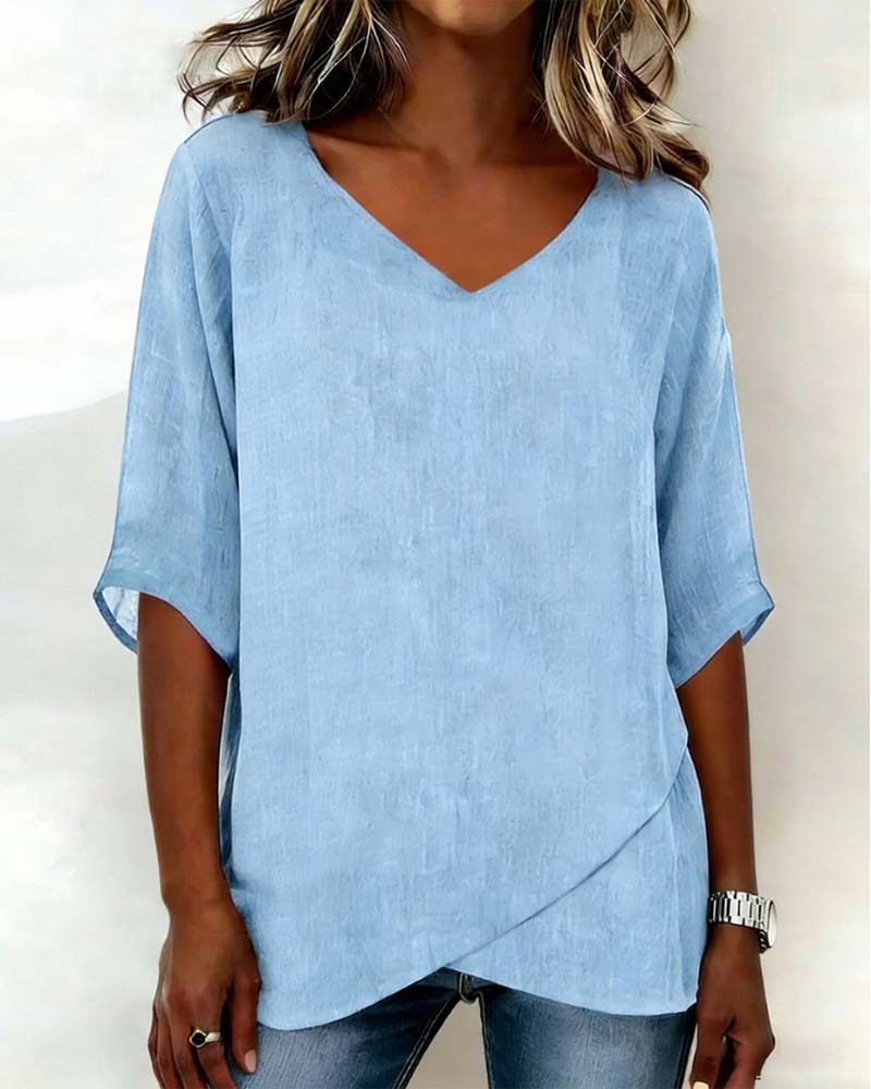 Irregular Hem Solid Color V-Neck Top