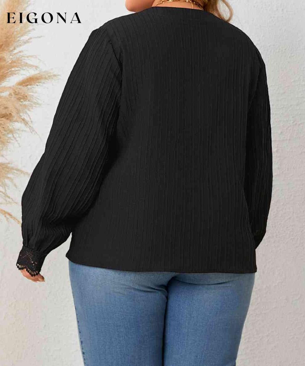 Plus Size Notched Neck Lace Detail Blouse black shirt black top clothes HS long sleeve shirt long sleeve shirts long sleeve top Ship From Overseas shirt shirts top tops