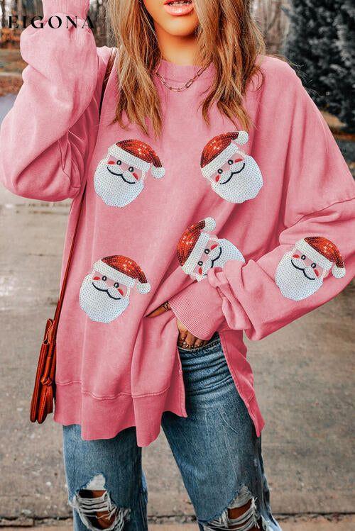 Sequin Santa Round Neck Slit  Christmas Sweatshirt
