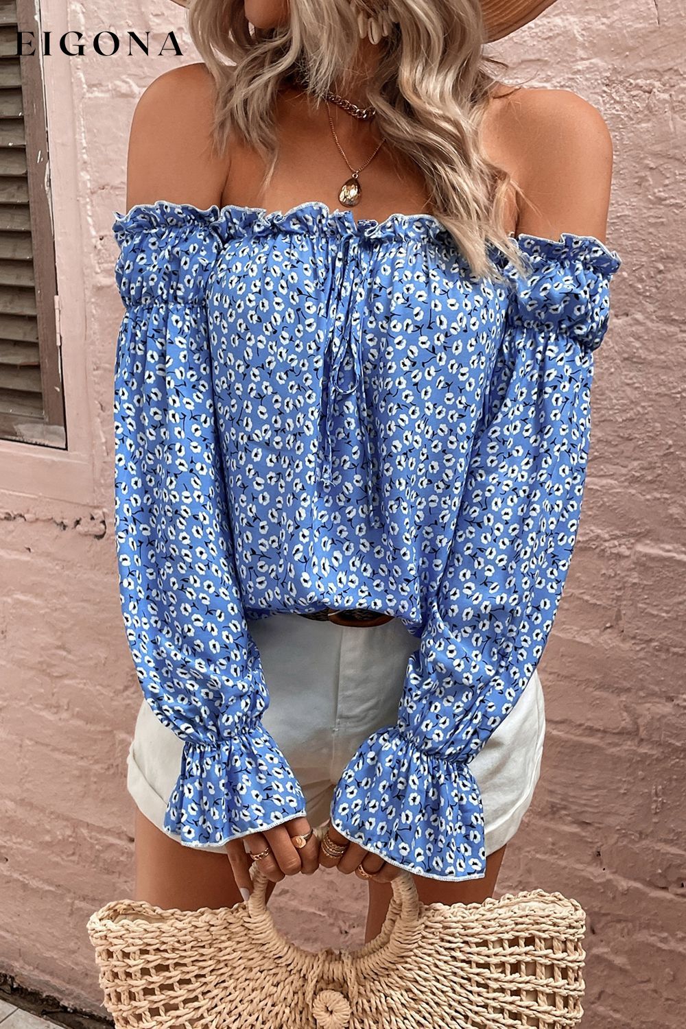 Off Shoulder Printed Frill Trim Blouse clothes Hanny long sleeve long sleeve shirts long sleeve top Ship From Overseas Shipping Delay 09/29/2023 - 10/04/2023 top tops trend