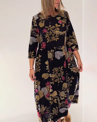 Floral and leaf print round neck elegant dress 2024 f/w casual dresses spring